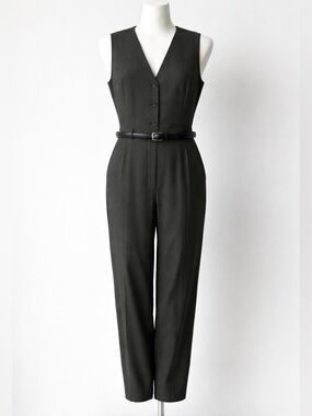 Mango Dark Green Women’s Pinstripe Belted Tailored Jumpsuit US M
